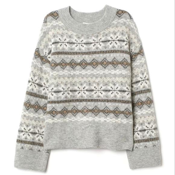 H&M Sweaters - H&M Size L Gray Metallic Fair Isle Sparkle Fuzzy Wool Blend Crew Neck Pullover